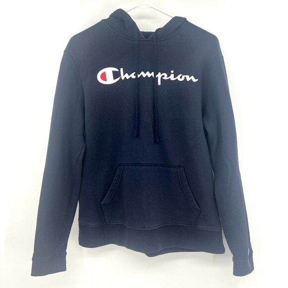 Champion Navy Blue Large Logo Hooded Sweatshirt Men's Small - Picture 1 of 4